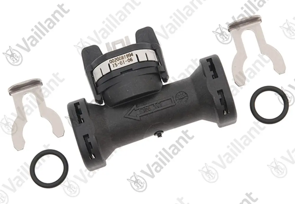 Vaillant Sensor mit Vortex-Design, bestehend aus einem Anschlussstück, zwei Halteklammern und Gummidichtungen, für den Einsatz in Heizsystemen.